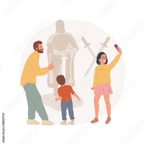 Knights museum isolated cartoon vector illustration Family looking at knight and horse armor, visiting history museum, medieval chivalry weapon exposition, swards on the wall vector cartoon.