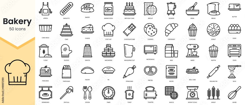 Simple Outline Set of bakery icons. Linear style icons pack. Vector ...