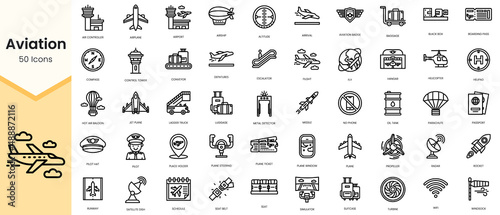 Simple Outline Set of aviation icons. Linear style icons pack. Vector illustration photo