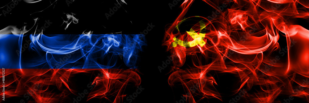 Donetsk People's Republic vs Chinese Communist Party flag. Smoke flags placed side by side isolated on black background. Donetsk People's Republic vs Chinese Communist Party flag. Smoke flags placed side by side isolated on black background.