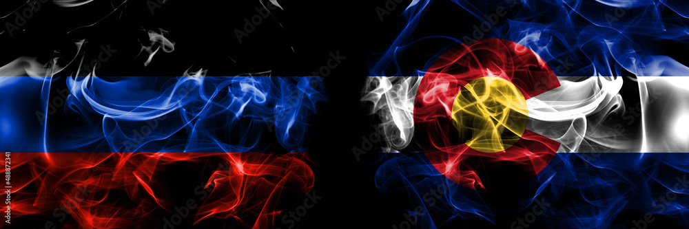Donetsk People's Republic vs Colorado flag. Smoke flags placed side by side isolated on black background.