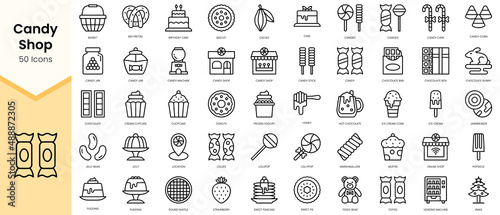 Simple Outline Set of candy shop icons. Linear style icons pack. Vector illustration