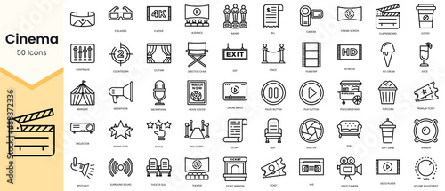 Simple Outline Set of cinema icons. Linear style icons pack. Vector illustration