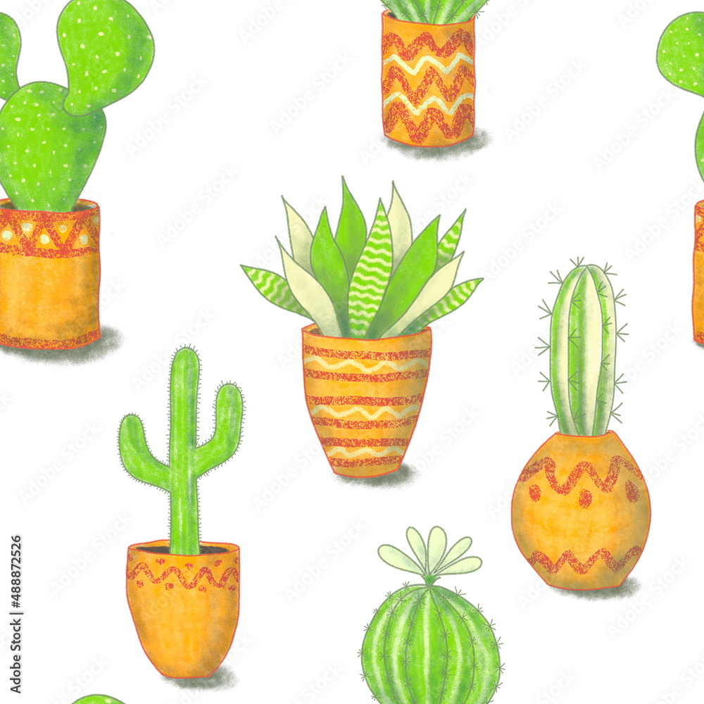 Seamless pattern of hand-drawn elements. Minimalistic green cacti in ...