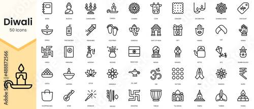 Simple Outline Set of diwali icons. Linear style icons pack. Vector illustration