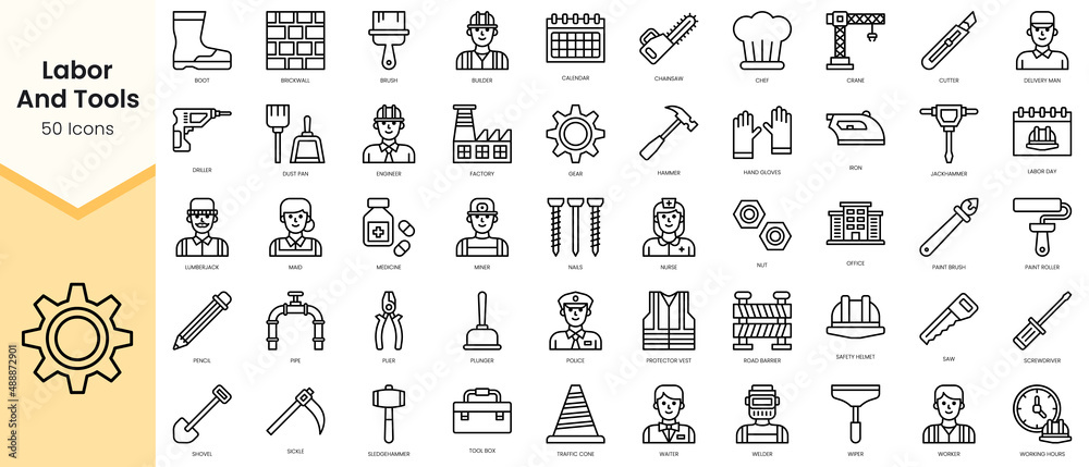 Obraz premium Simple Outline Set of labor and tools icons. Linear style icons pack. Vector illustration