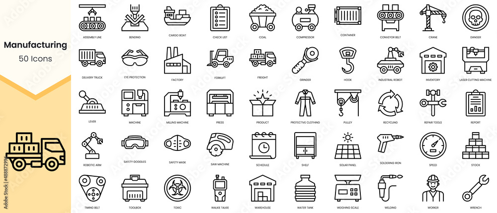 Simple Outline Set of manufacturing icons. Linear style icons pack ...