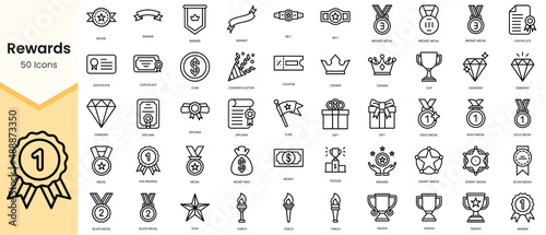 Simple Outline Set of rewards icons. Linear style icons pack. Vector illustration