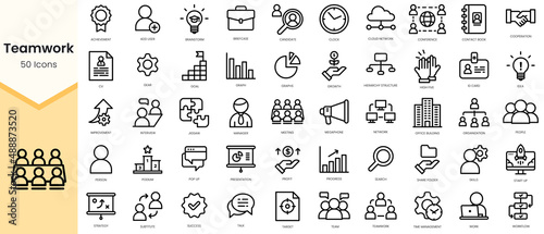 Simple Outline Set of teamwork icons. Linear style icons pack. Vector illustration