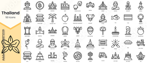 Simple Outline Set of thailand icons. Linear style icons pack. Vector illustration