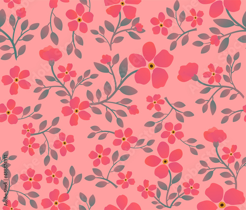 Watercolor style pink flower blossom. Beautiful hand drawn floral pattern seamless background.