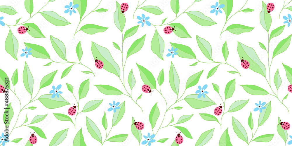 Seamless pattern with leaves, ladybugs and flowers. Cute vector floral background. Seamless pattern with leaves, ladybugs and flowers. Cute vector floral background.