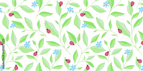 Seamless pattern with leaves, ladybugs and flowers. Cute vector floral background.