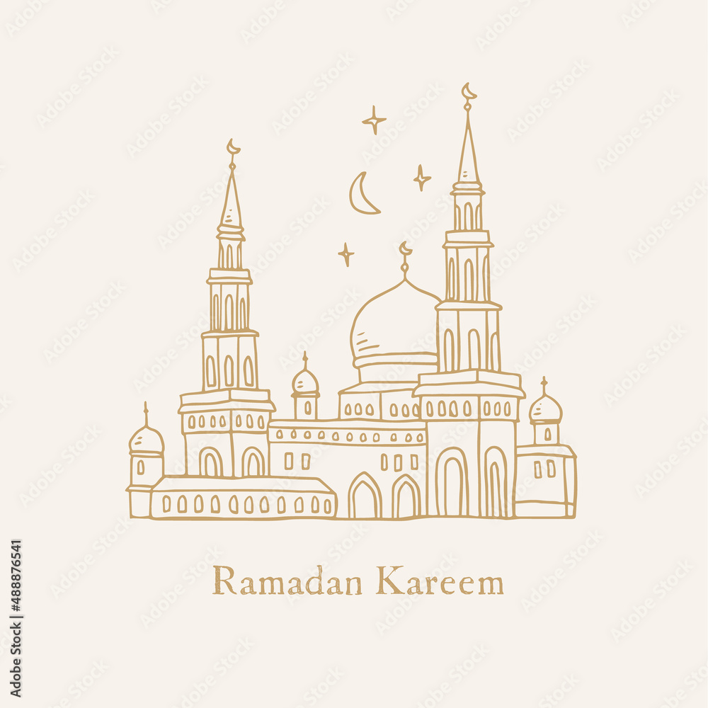 Arab mosque building with minaret towers. Night sky with moon, stars. Muslim holiday Ramadan Kareem greeting card, invitation. Hand drawn golden line art vector illustration. Eid ul Fitr doodle sketch