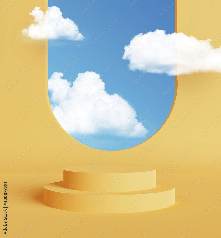 Modern podium for products in the form of a cylinder with clouds 3d render