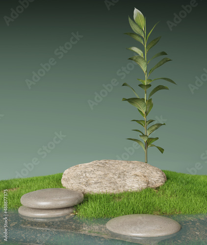 Background for cosmetics. Podium for goods in the form of a stone in the forest near the water 3d render