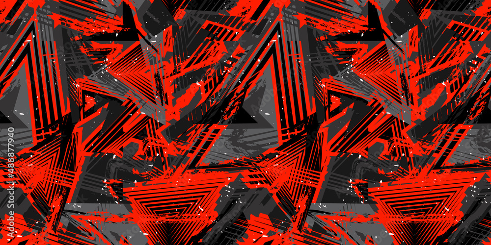 Abstract vector seamless grunge pattern. Urban art texture with neon lines, triangles, chaotic brush strokes, ink, splatter. Grungy graffiti background. Trendy design in red, black and gray color