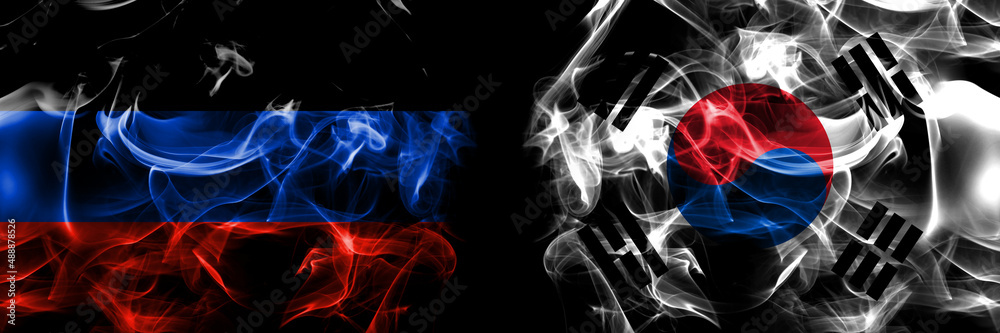 Donetsk People's Republic vs South Korea, Korean flag. Smoke flags placed side by side isolated on black background.