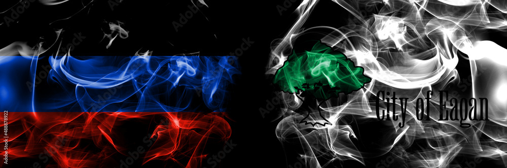 Donetsk People's Republic vs United States of America, America, US, USA, American, Eagan, Minnesota flag. Smoke flags placed side by side isolated on black background.