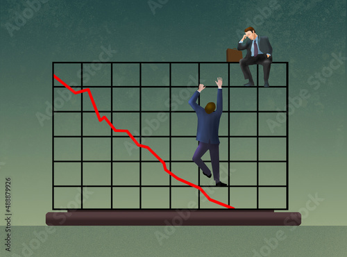 Businessmen agonize over a big drop in the stock markets in this 3-d illustration.