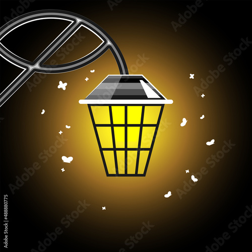 A large lantern glowing in the dark and night moths. Vector illustration
