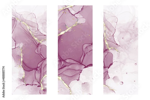 Vector illustration Set of three bookmarks decorated with alcohol ink texture. Bookmarks with modern creative design