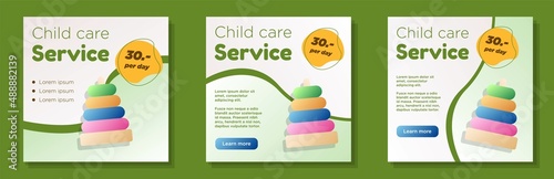 Kindergarten service social media post, banner set, child care business advertisement concept, toddler toys marketing square ad, abstract print, isolated on background