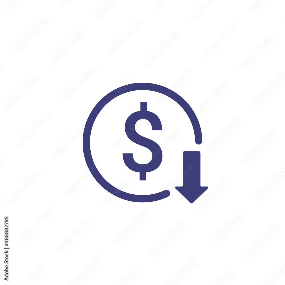 Cost reduction icon price lower arrow. Vector low cost money crisis line icon Cost reduction icon price lower arrow. Vector low cost money crisis line icon