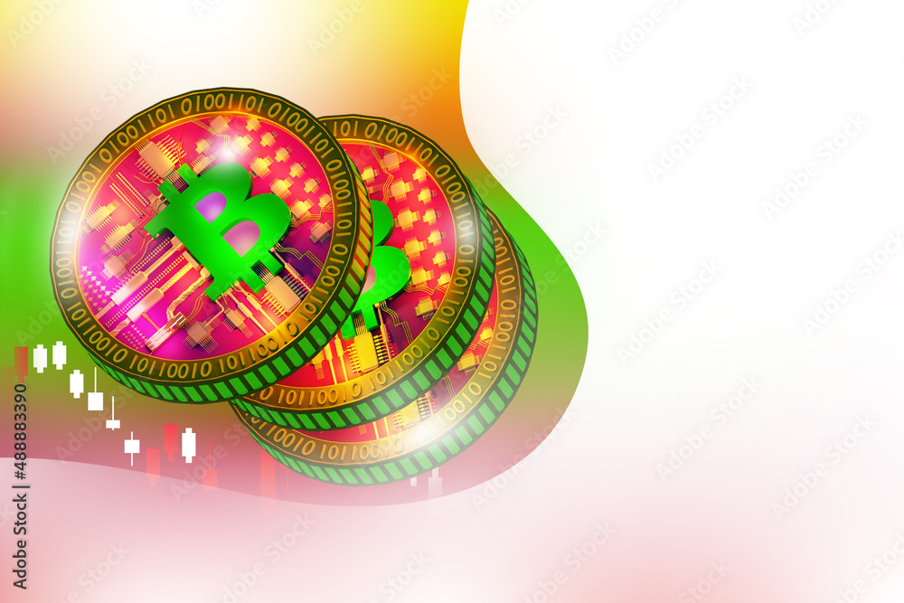 bitcoin security. Blockchain investment. Coins with Bitcoin logo on green background. Crypto trading business. Banner on theme of bitcoin security. Copy space on white. Electronic commerce. 3d image. bitcoin security. Blockchain investment. Coins with Bitcoin logo on green background. Crypto trading business. Banner on theme of bitcoin security. Copy space on white. Electronic commerce. 3d image.