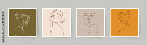 Set of stylized woman faces. Modern single line art. Woman beauty fashion concept, minimalistic style.