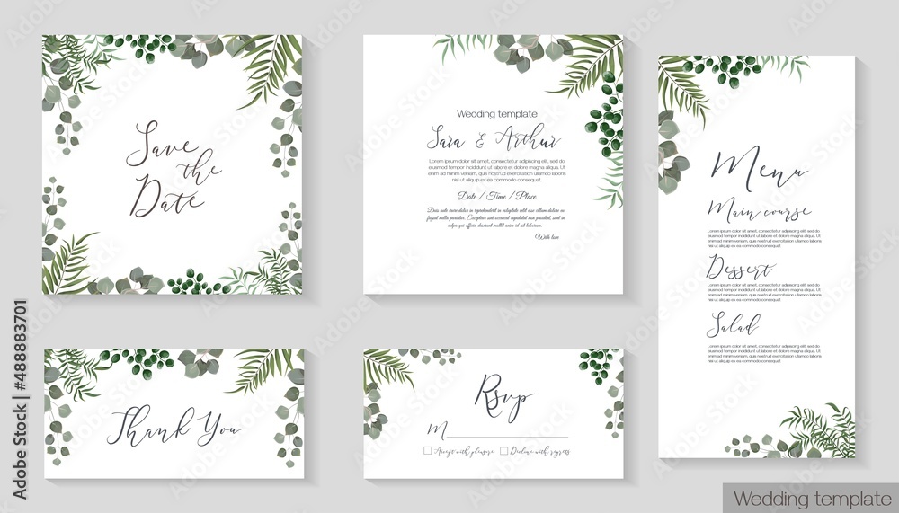 Vector herbal wedding invitation template. Different herbs, green plants and leaves, unripe berries, round gold frame. All elements can be isolated.The set consists of an invitation card, thank you