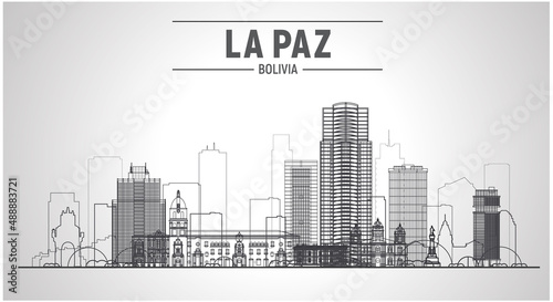La Paz ( Bolivia ) line the city skyline in white background. Stroke vector Illustration. Business travel and tourism concept with modern buildings. Image for web or print.