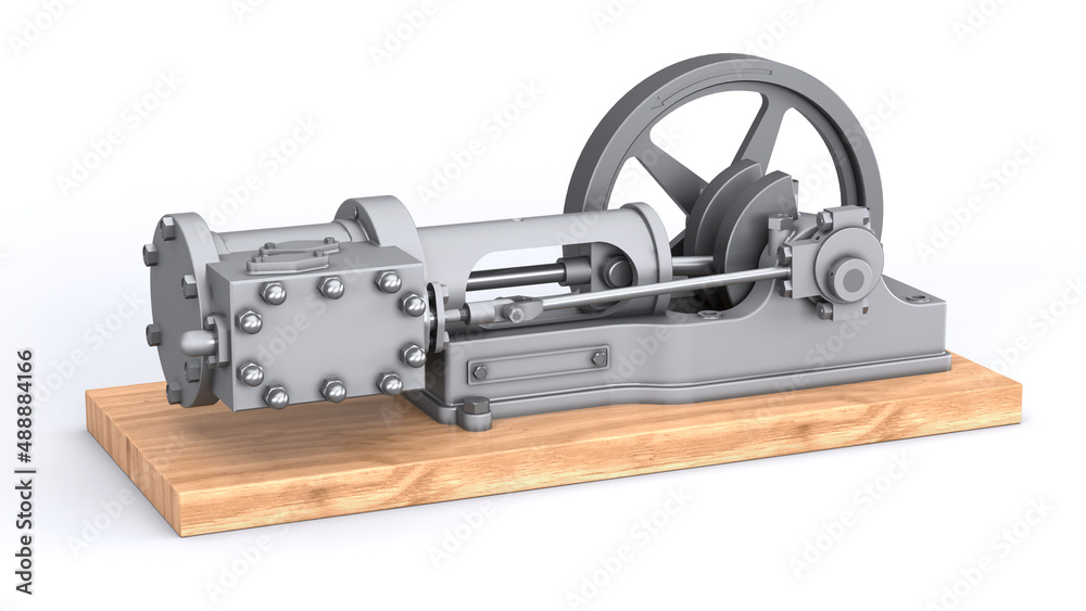 Steam machine on a white background. Steampunk engine with a flywheel on a wooden stand. 3d illustration Steam machine on a white background. Steampunk engine with a flywheel on a wooden stand. 3d illustration
