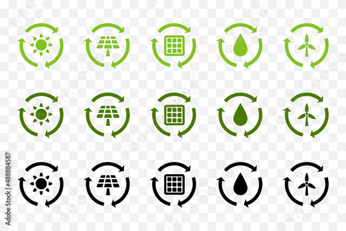Recycle vector icon set. Renewable, sustainable energy concept. Dark green, light green, black.