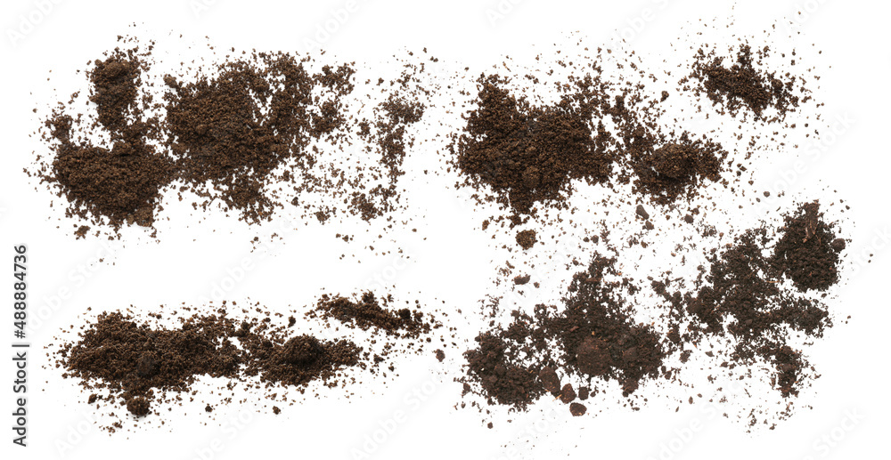 Set with piles of fertile soil on white background, top view - obrazy, fototapety, plakaty 