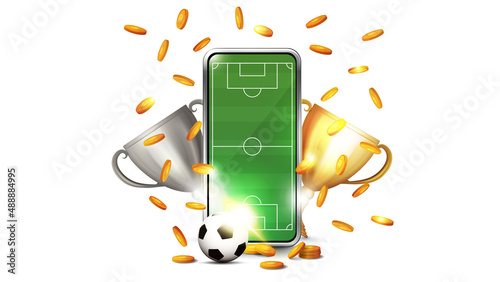 Sports betting concept with smartphone, champion cups, falling gold coins and football ball isolated on white background