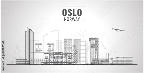 Oslo Norway line city skyline with panorama in white background. Vector Illustration. Business travel and tourism concept with modern buildings. Image for presentation  banner  placard and website