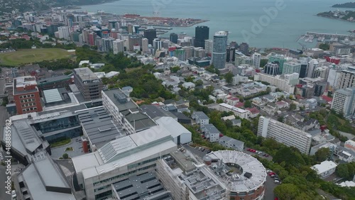 Aerial of wellington city skyline and Victoria university, New Zealand photo