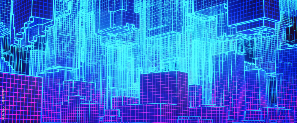 Holographic structures in virtual space. Metaverse or augmented reality concept. 3D rendering Holographic structures in virtual space. Metaverse or augmented reality concept. 3D rendering
