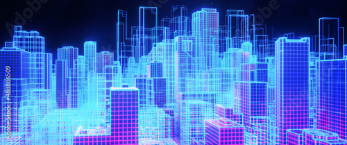 Concept of building a virtual city with holographic skycrapers. Metaverse or augmented reality. 3D rendering photo