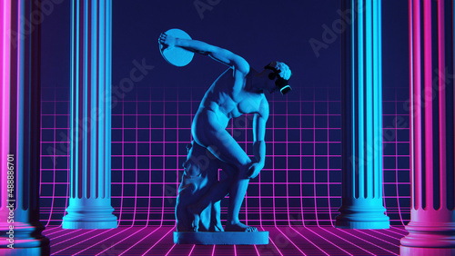 Concept of playing in virtual reality. Discobolus statue wearing virtual headset. 3D rendering photo