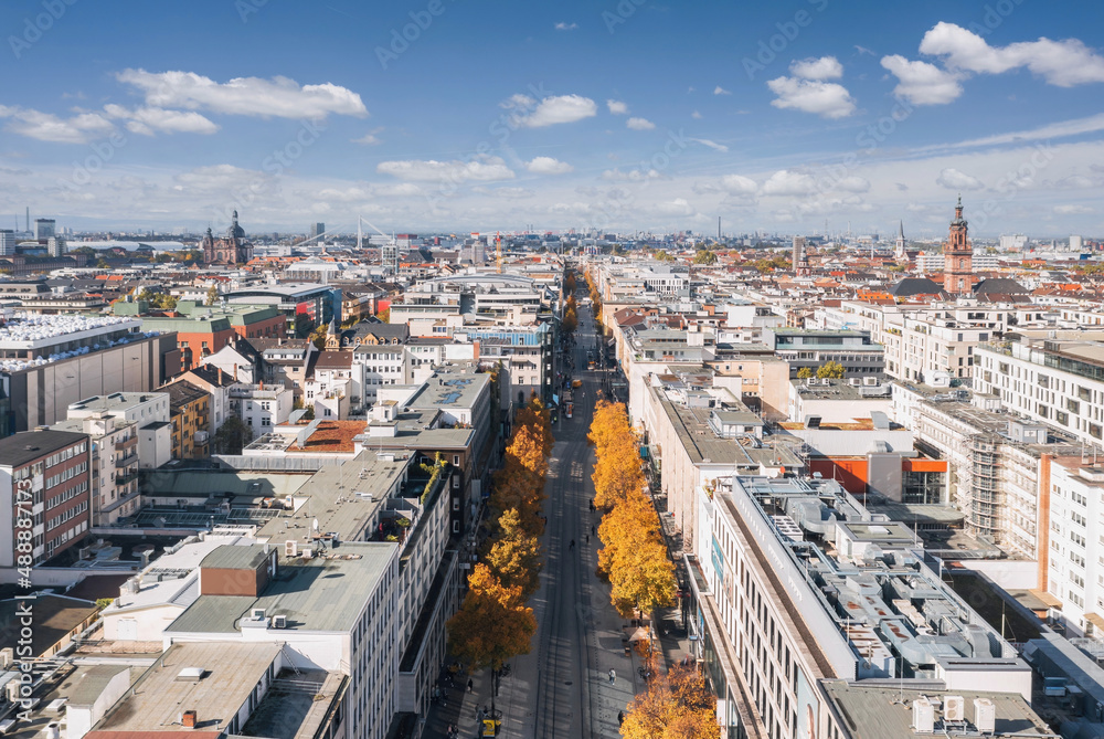 Autumn aerial view on the street of Mannheim city, Baden-Württemberg, Germany