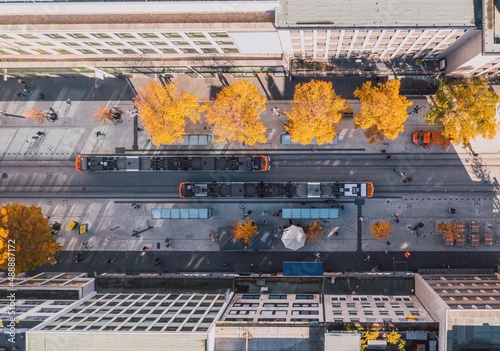 Aerial urban view above the German autumn street full of life with yellow trees squeezing between asphalt, city trams passing each other and people taking a walk or shopping. Mannheim, Germany.
