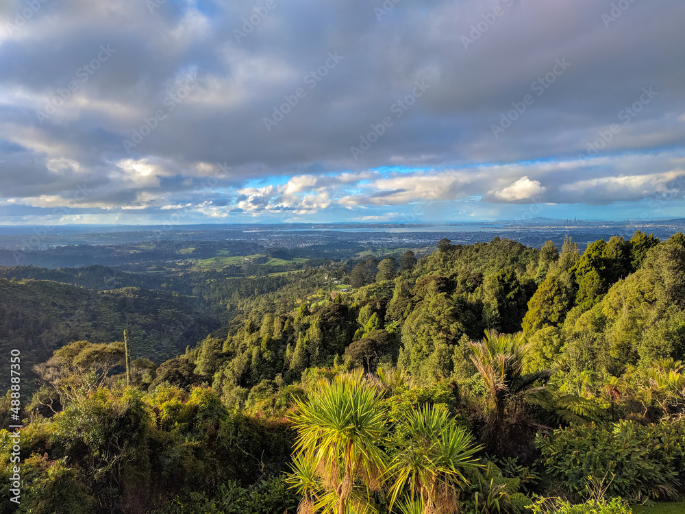 Panoramic view on the Auckland city and Rangitoto Island on background, New Zealand.