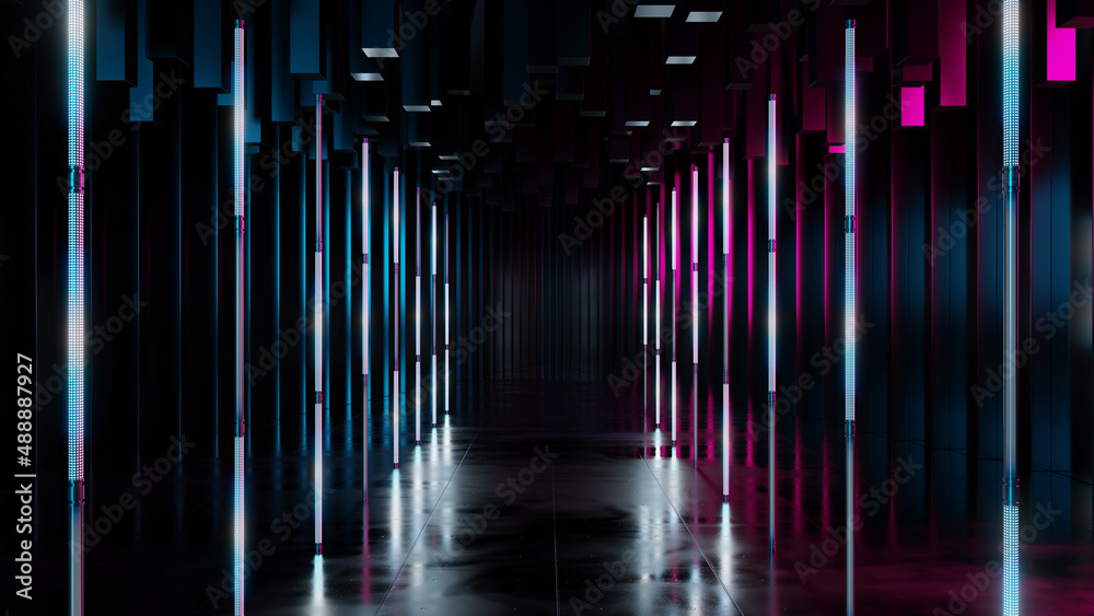 Futuristic perspective background with led lamps. 3d render