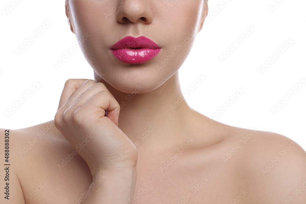 Obraz premium Closeup view of woman with beautiful full lips on white background