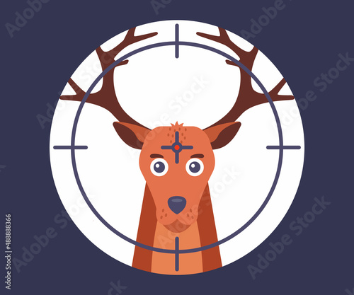 deer with antlers in the sight of a hunter. find prey in the forest. flat vector illustration.