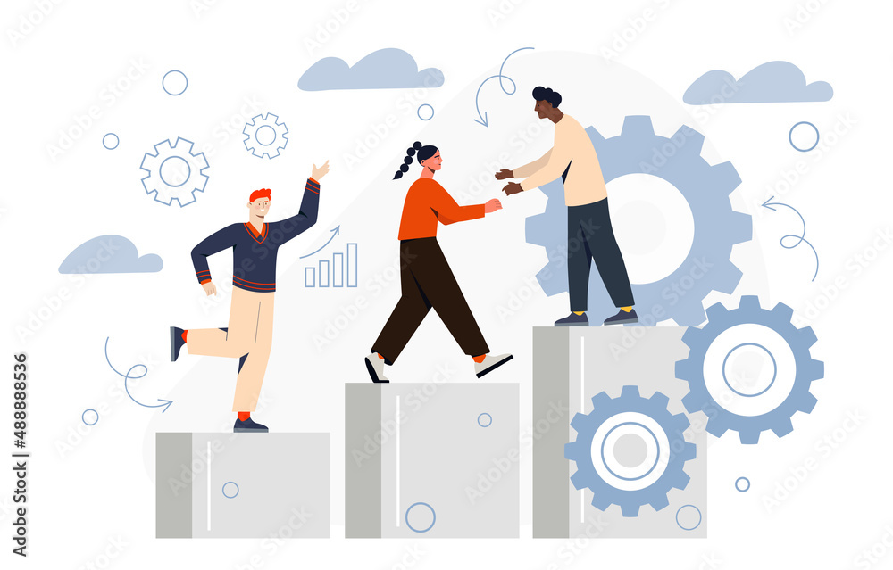Help and support in career growth abstract concept. Leader reaches out to employees and promotes business. Relationship between entrepreneurs. Teamwork of colleagues. Cartoon flat vector illustration Help and support in career growth abstract concept. Leader reaches out to employees and promotes business. Relationship between entrepreneurs. Teamwork of colleagues. Cartoon flat vector illustration