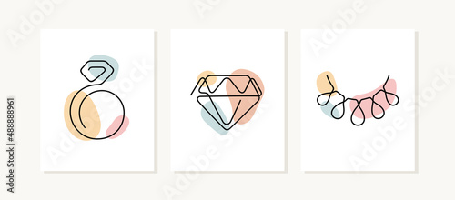 Jewellery one line posters. Ring, diamond, necklace illustrations.