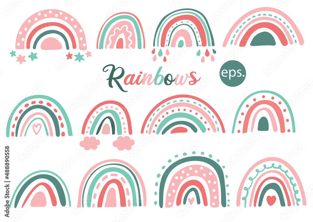 Rainbow vector illustrations for baby room decor, baby showers cards, poster, t shot prints. Pink and green color. Rainbow vector illustrations for baby room decor, baby showers cards, poster, t shot prints. Pink and green color.
